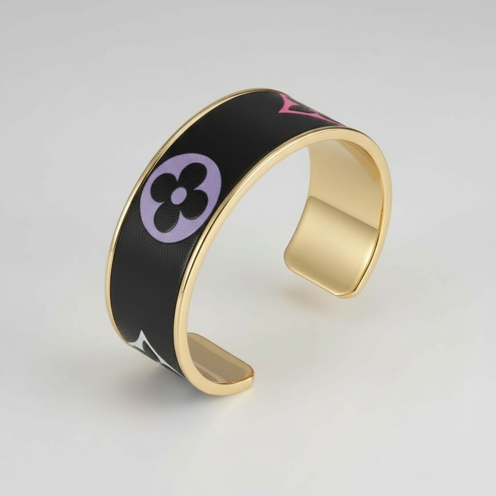 Louis Vuitton x Murakami Monogram Black Leather on a Gold Cuff Costume Jewelry